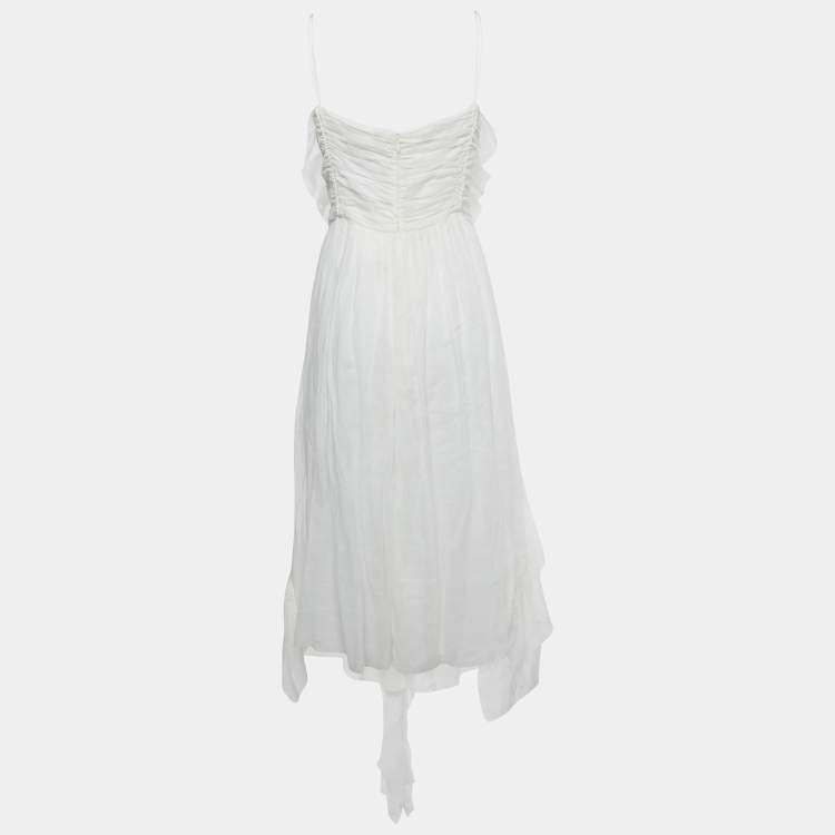 Pre Owned Chloé White Ramie Ruffled Asymmetric Midi Dress M