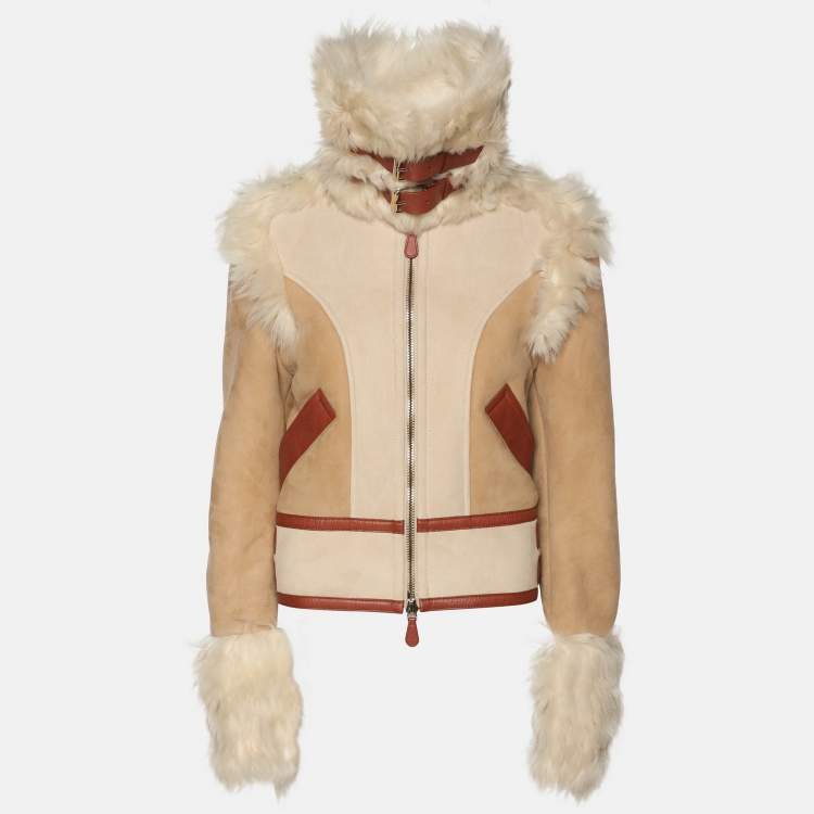 Pre Owned Chloé Beige Shearling and Leather Zip Jacket S