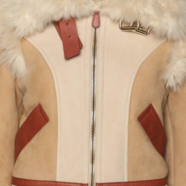 Pre Owned Chloé Beige Shearling and Leather Zip Jacket S