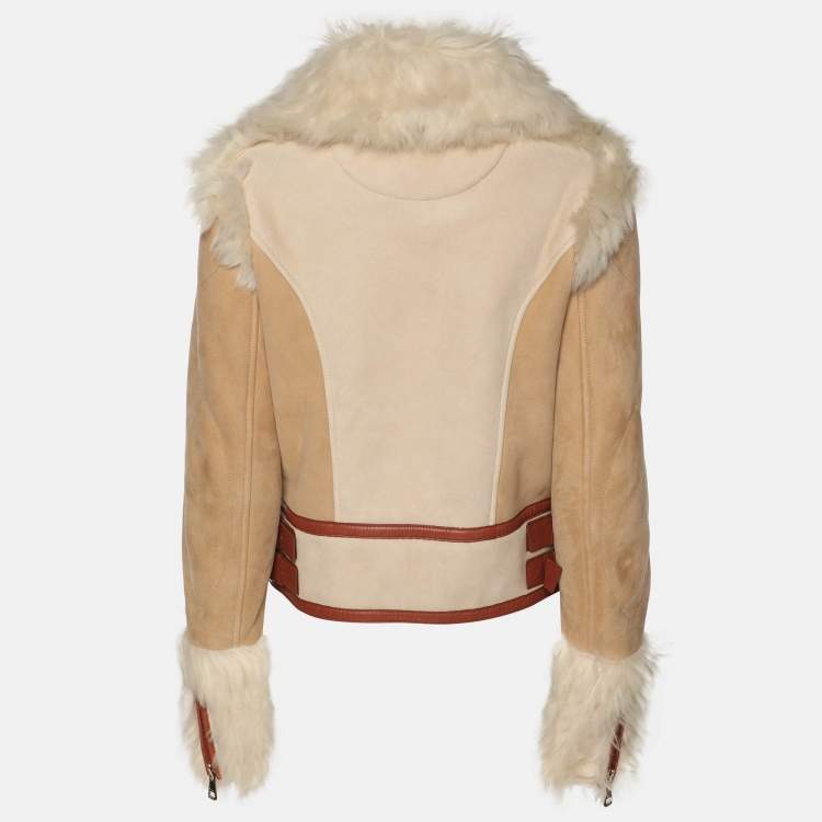 Pre Owned Chloé Beige Shearling and Leather Zip Jacket S