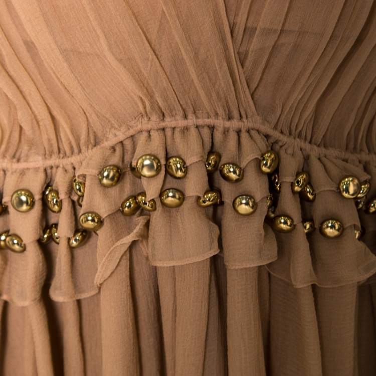 Pre Owned Chloe Pinky Beige Silk Crepon Pleated Embellished Dress S