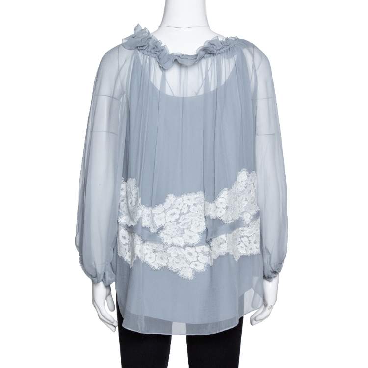Pre Owned Chloe Grey Silk Crepon Lace Appliqued Ruffled Blouse S