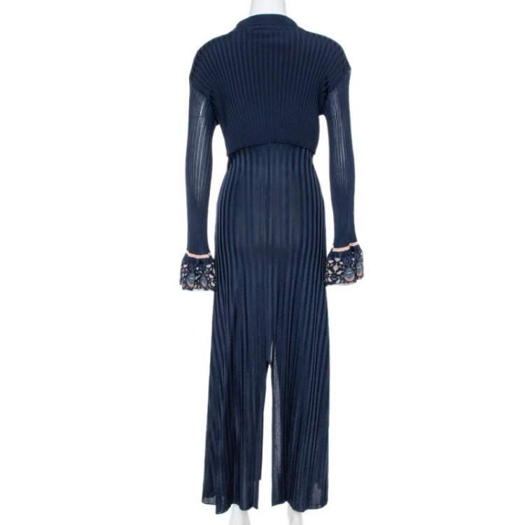 Pre Owned Chloe Iconic Navy Rib Knit Printed Cuff Midi Dress S