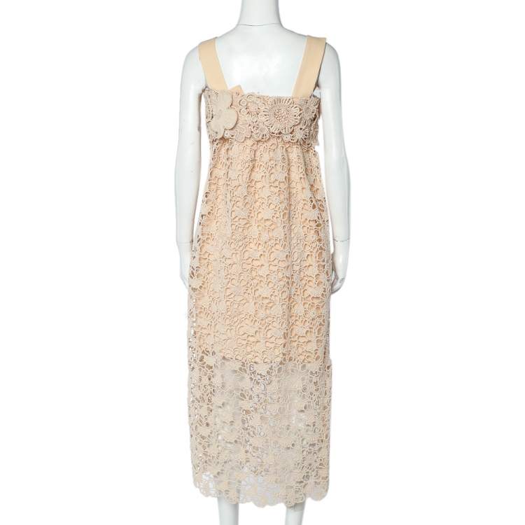 Pre Owned Chloe Delicate Brown Floral Guipure Lace Sleeveless Shift Dress S