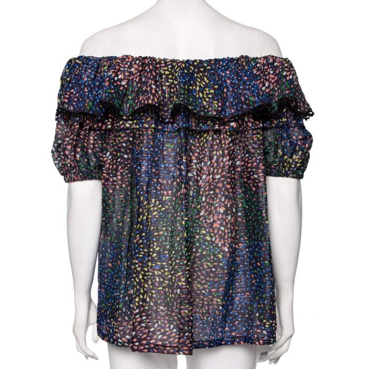 Pre Owned Chloe Multicolored Printed Cotton & Lurex Striped Ruffled Off-Shoulder Top S 