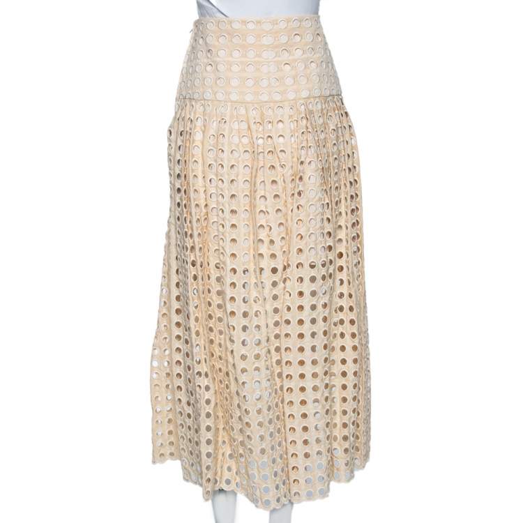 Pre Owned Chloe Beige Guipure Lace Pleated Midi Skirt S