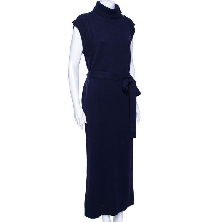 Pre Owned Chloe Blue Wool Turtleneck Side Button Detailed Belted Dress M