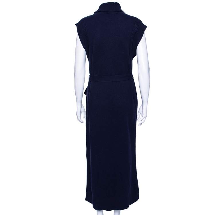 Pre Owned Chloe Blue Wool Turtleneck Side Button Detailed Belted Dress M