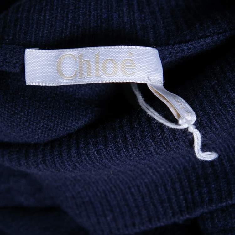 Pre Owned Chloe Blue Wool Turtleneck Side Button Detailed Belted Dress M