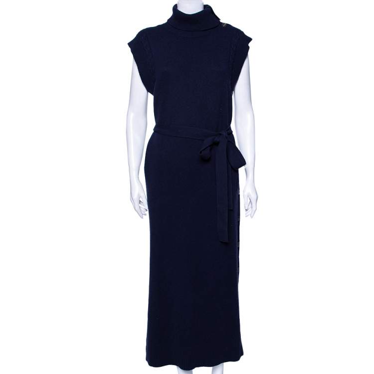 Pre Owned Chloe Blue Wool Turtleneck Side Button Detailed Belted Dress M