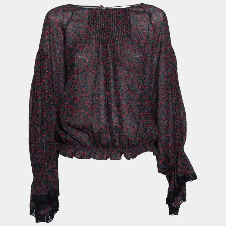 مملوكة مسبقًا Chloe Black Printed Crinkled Cotton Lace Trim Detailed Top M