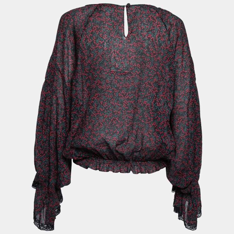 مملوكة مسبقًا Chloe Black Printed Crinkled Cotton Lace Trim Detailed Top M