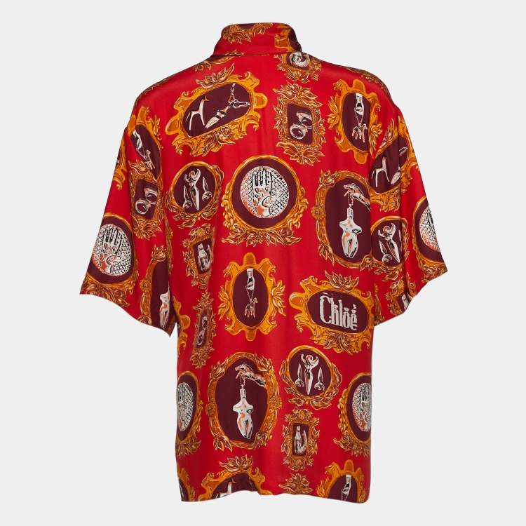 Pre Owned Chloe Red Printed Silk Neck Tie Detail Top M