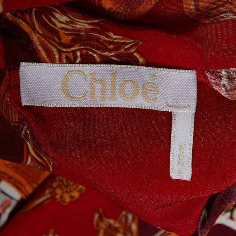 Pre Owned Chloe Red Printed Silk Neck Tie Detail Top M