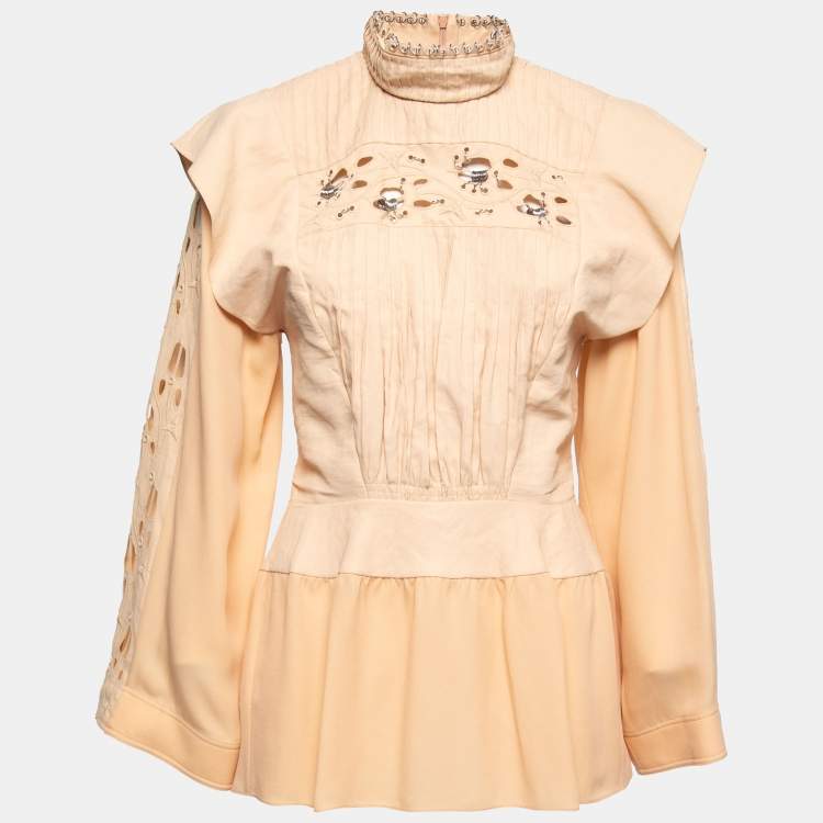 Pre Owned Chloe Beige Crepe & Linen Ruffled Blouse M