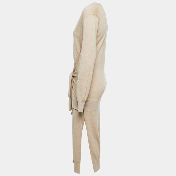 Pre Owned Chloe Seed Brown Wool V Neck Sweater Midi Dress S