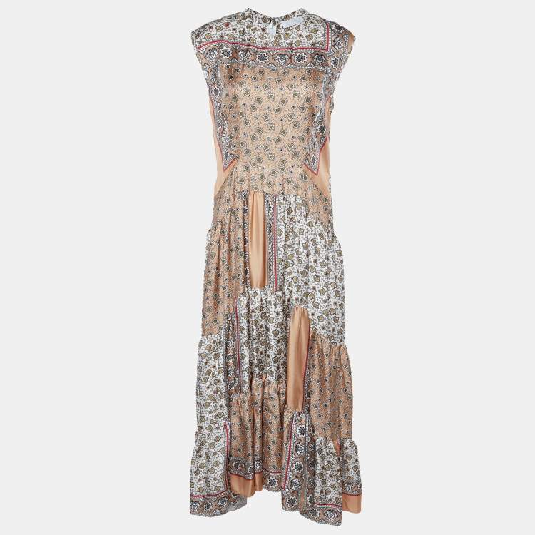 Pre Owned Chloe Beige Printed Silk Patchwork Detail Sleeveless Midi Dress L