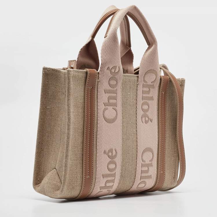 Pre Owned Chloe Beige/Light Pink Canvas and Leather Small Woody Tote