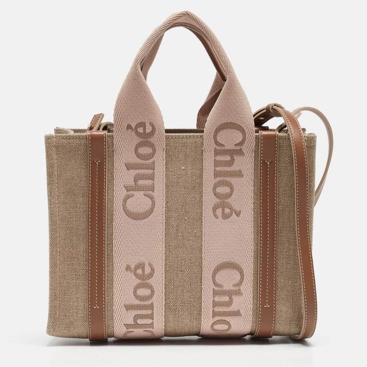 Pre Owned Chloe Beige/Light Pink Canvas and Leather Small Woody Tote