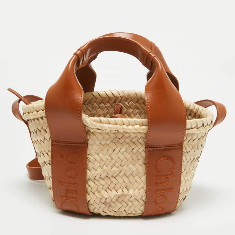 Pre Owned Chloé  Brown/Cream Woven Raffia and Leather Small Sense Basket Bag