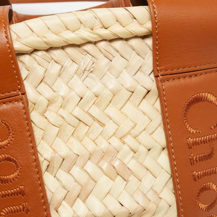 Pre Owned Chloé  Brown/Cream Woven Raffia and Leather Small Sense Basket Bag