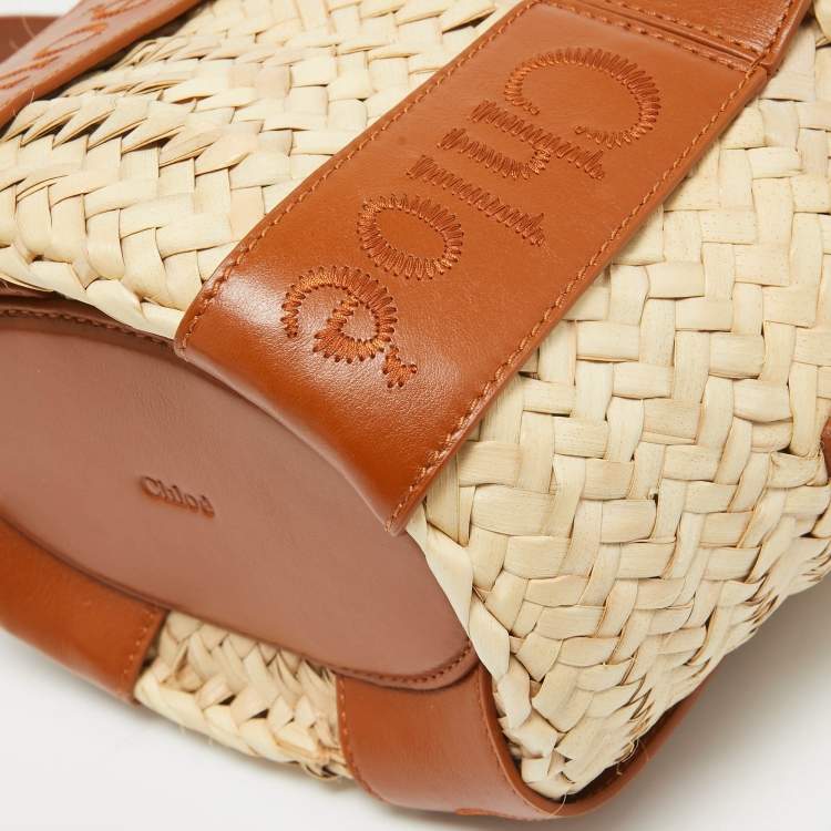 Pre Owned Chloé  Brown/Cream Woven Raffia and Leather Small Sense Basket Bag