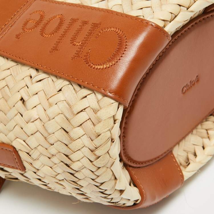 Pre Owned Chloé  Brown/Cream Woven Raffia and Leather Small Sense Basket Bag