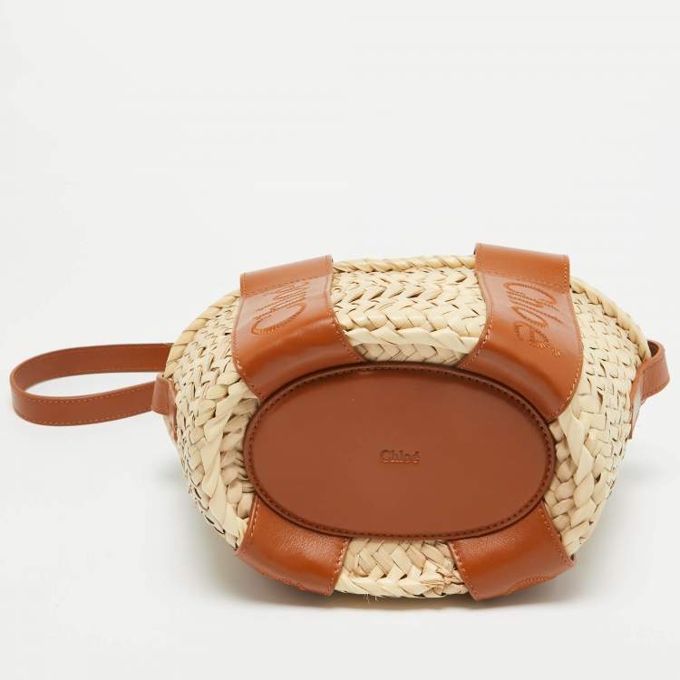 Pre Owned Chloé  Brown/Cream Woven Raffia and Leather Small Sense Basket Bag
