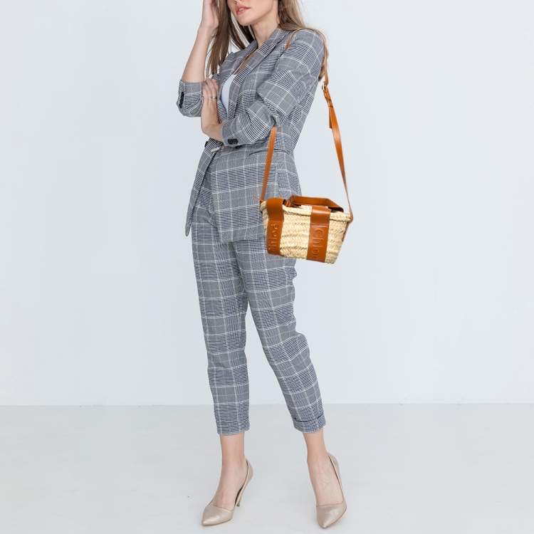 Pre Owned Chloé  Brown/Cream Woven Raffia and Leather Small Sense Basket Bag