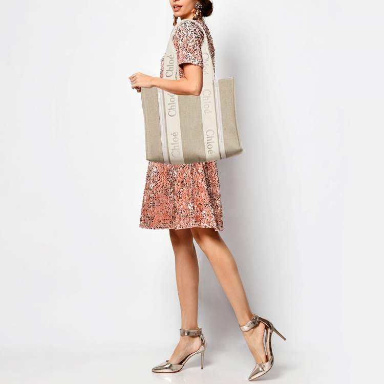 Pre Owned Chloe Beige/Cream Canvas and Leather Medium Woody Tote