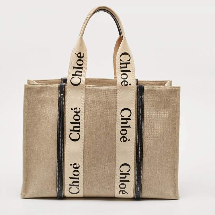 Pre Owned Chloe Beige/Brown Canvas and Leather Large Woody Tote
