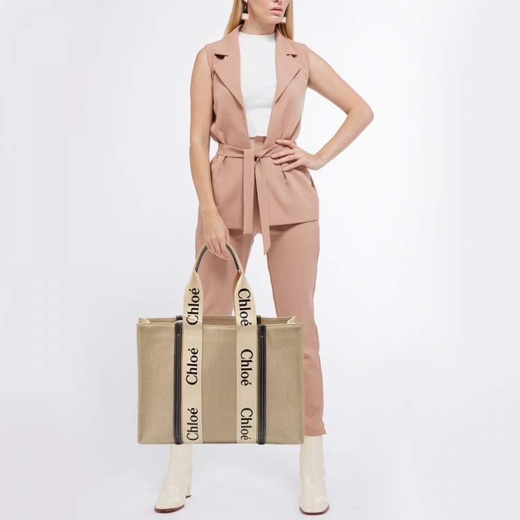 Pre Owned Chloe Beige/Brown Canvas and Leather Large Woody Tote
