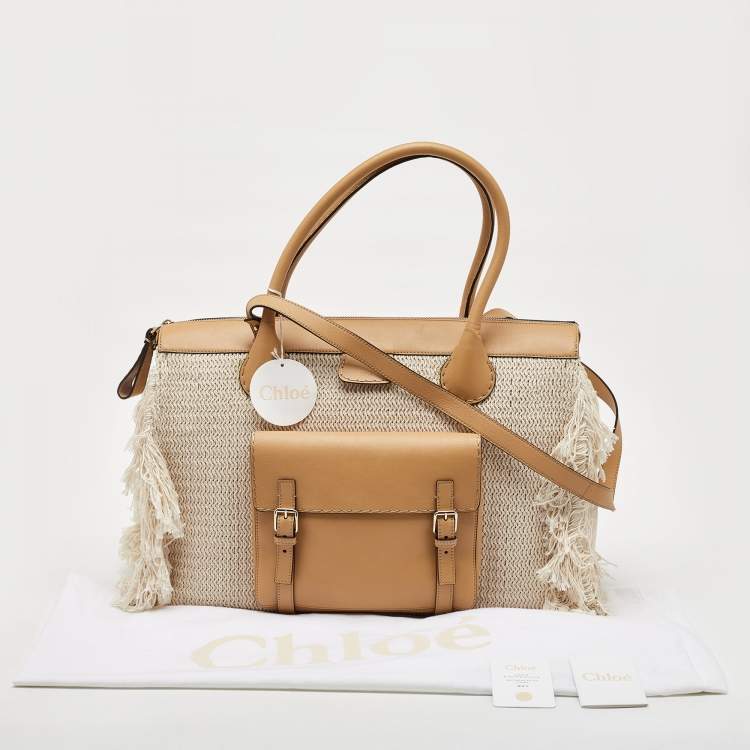 Pre Owned Chloe Cream/Tan Leather and Linen Fringe Edith Oversized Day Bag