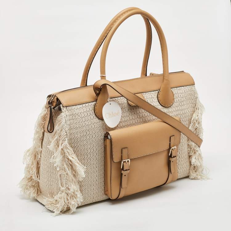 Pre Owned Chloe Cream/Tan Leather and Linen Fringe Edith Oversized Day Bag