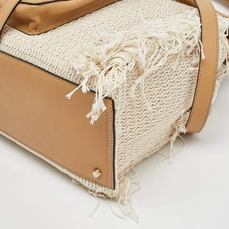 Pre Owned Chloe Cream/Tan Leather and Linen Fringe Edith Oversized Day Bag