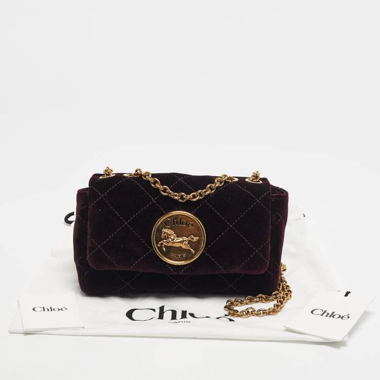 Pre Owned Chloé Burgundy Quilted Velvet Small Heritage Shoulder Bag
