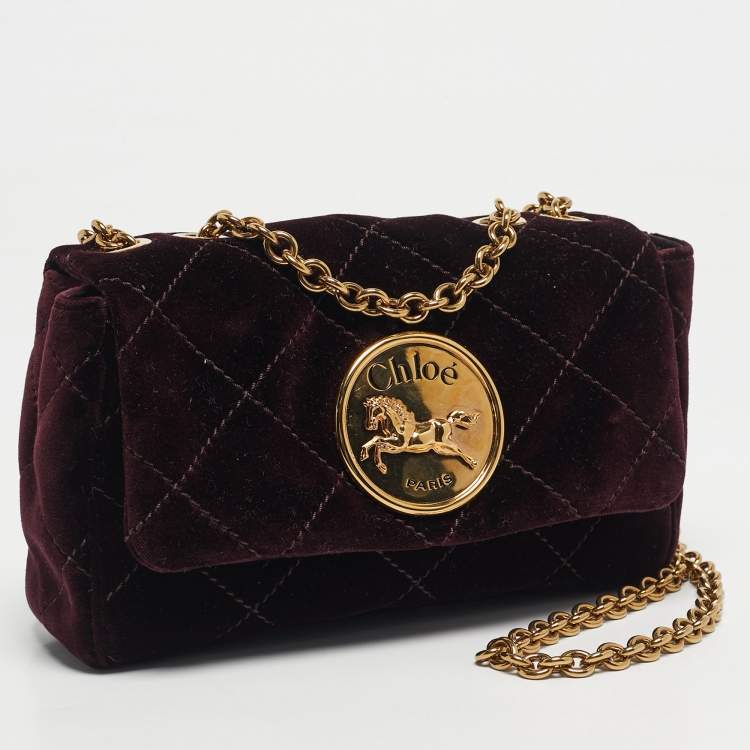 Pre Owned Chloé Burgundy Quilted Velvet Small Heritage Shoulder Bag
