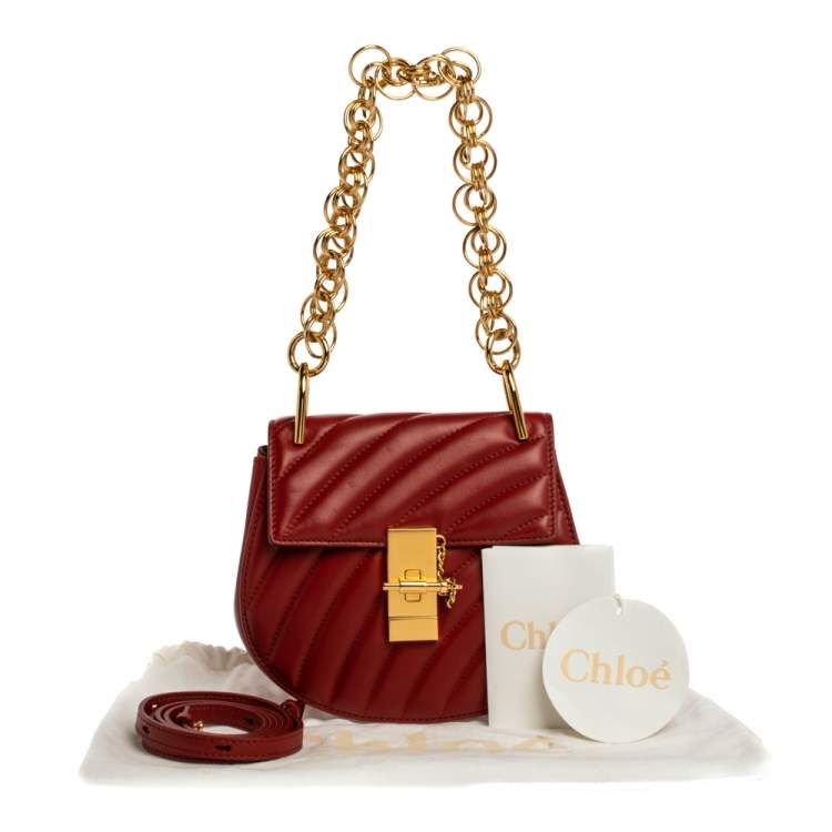 Pre Owned Chloe Red Quilted Leather Mini Drew Shoulder Bag