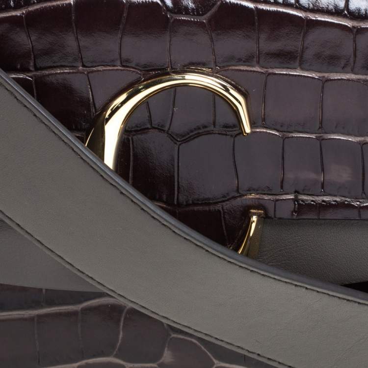 Pre Owned Chloe Two Tone Brown Croc Embossed Leather C Top Handle Bag