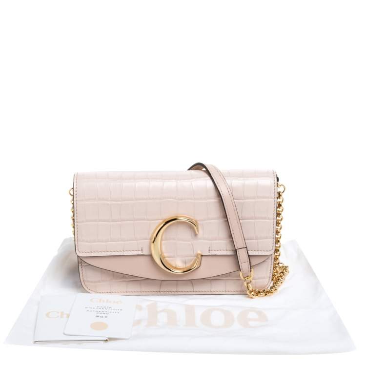 Pre Owned Chloe Pink Croc Embossed Leather Small C Double Carry Shoulder Bag