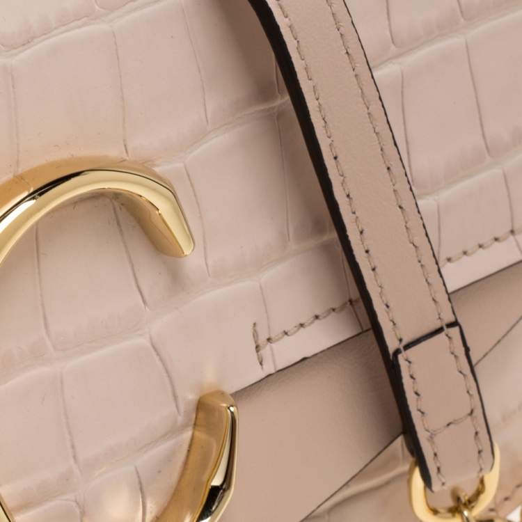 Pre Owned Chloe Pink Croc Embossed Leather Small C Double Carry Shoulder Bag
