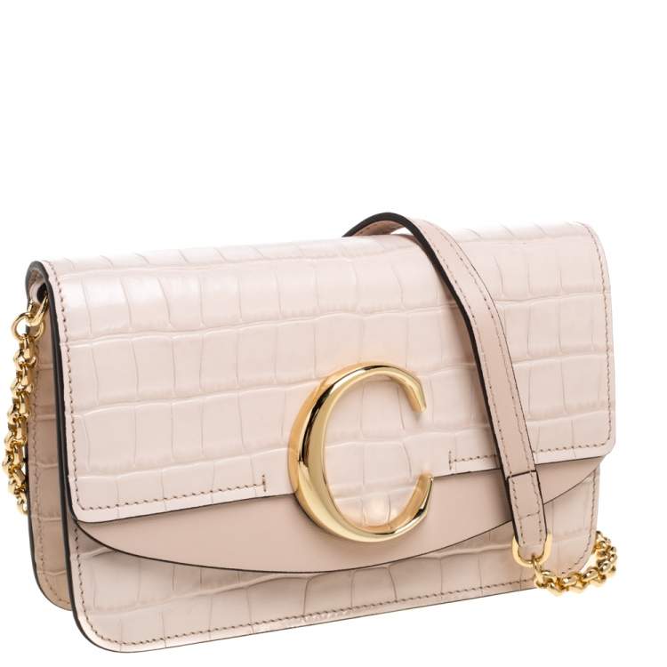 Pre Owned Chloe Pink Croc Embossed Leather Small C Double Carry Shoulder Bag