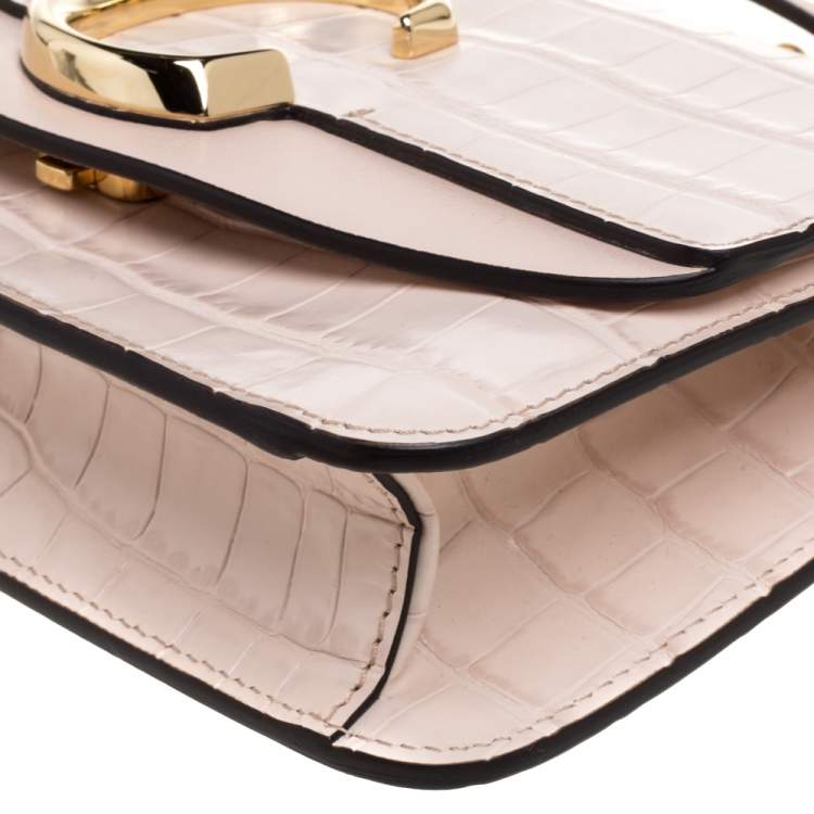 Pre Owned Chloe Pink Croc Embossed Leather Small C Double Carry Shoulder Bag