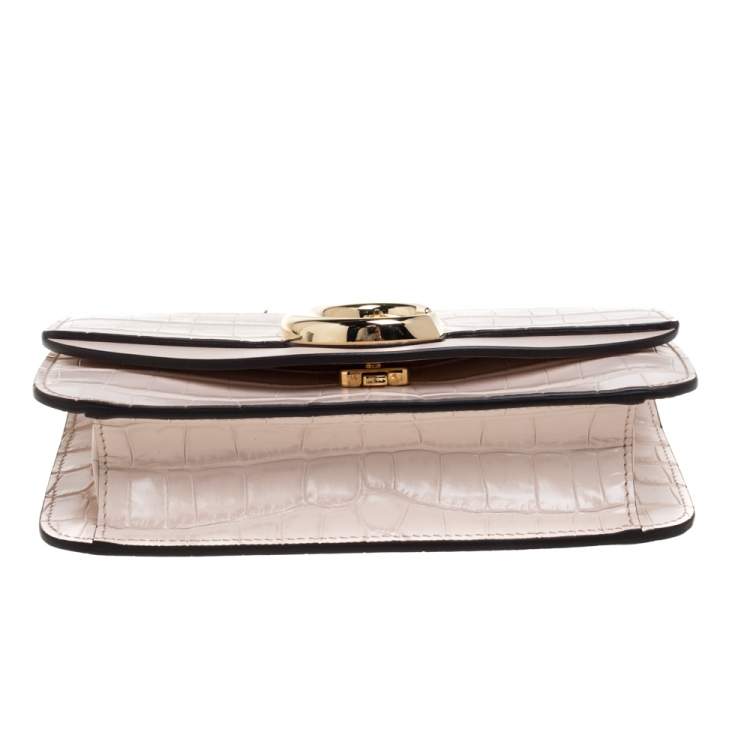 Pre Owned Chloe Pink Croc Embossed Leather Small C Double Carry Shoulder Bag