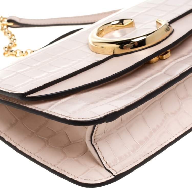 Pre Owned Chloe Pink Croc Embossed Leather Small C Double Carry Shoulder Bag