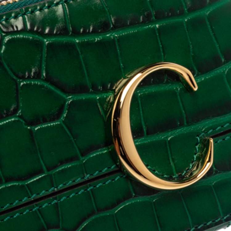 Pre Owned Chloe Green Croc Embossed Leather Mini C Vanity Shoulder Bag