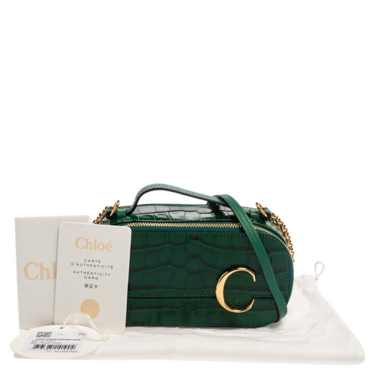 Pre Owned Chloe Green Croc Embossed Leather Mini C Vanity Shoulder Bag