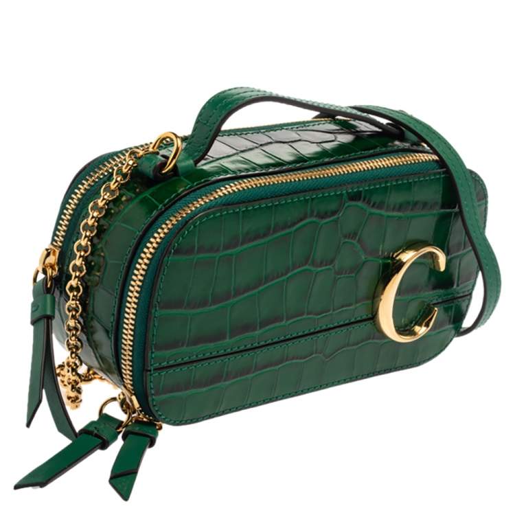 Pre Owned Chloe Green Croc Embossed Leather Mini C Vanity Shoulder Bag