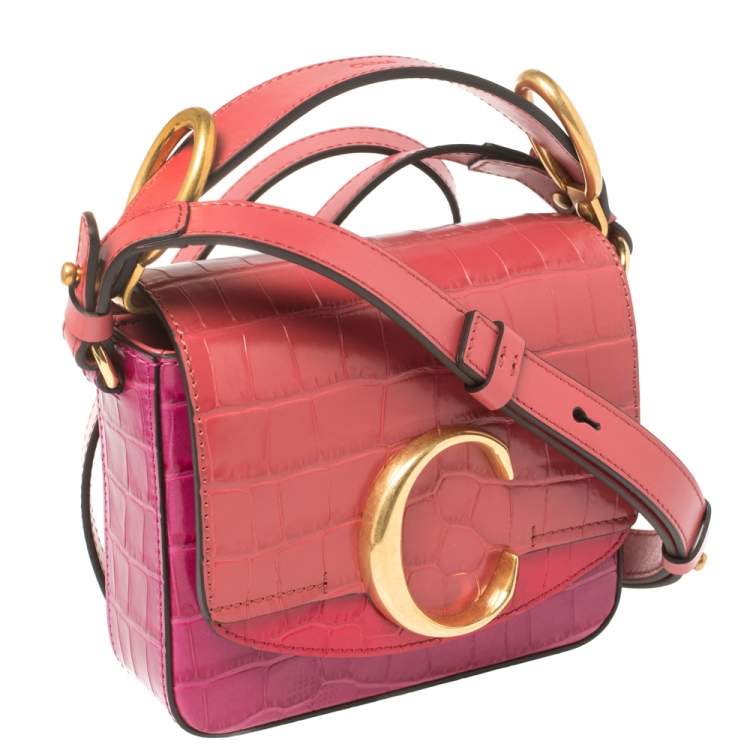 Pre Owned Chloe Multicolor Croc Embossed Leather Mini C Top Handle Bag