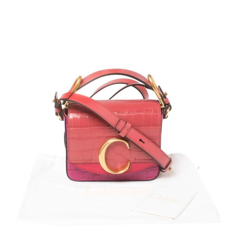Pre Owned Chloe Multicolor Croc Embossed Leather Mini C Top Handle Bag